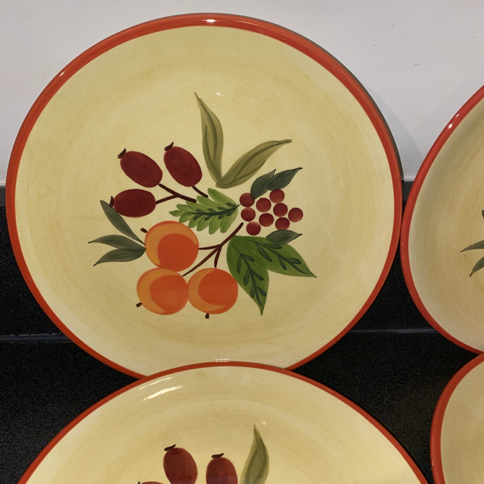 4 Salad Plates 8 in. Crate & Barrell Pomegranate Wreath Holiday