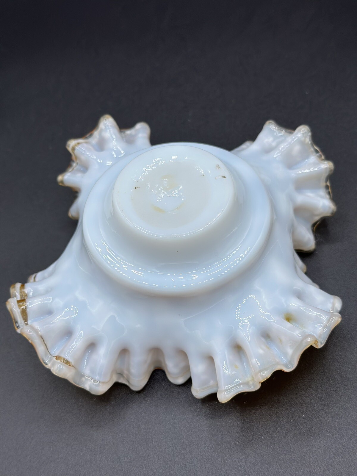 Vintage Ruffled Milk Glass Cased Dish Gold Fleck Opaline Mid Century Vanity Bowl