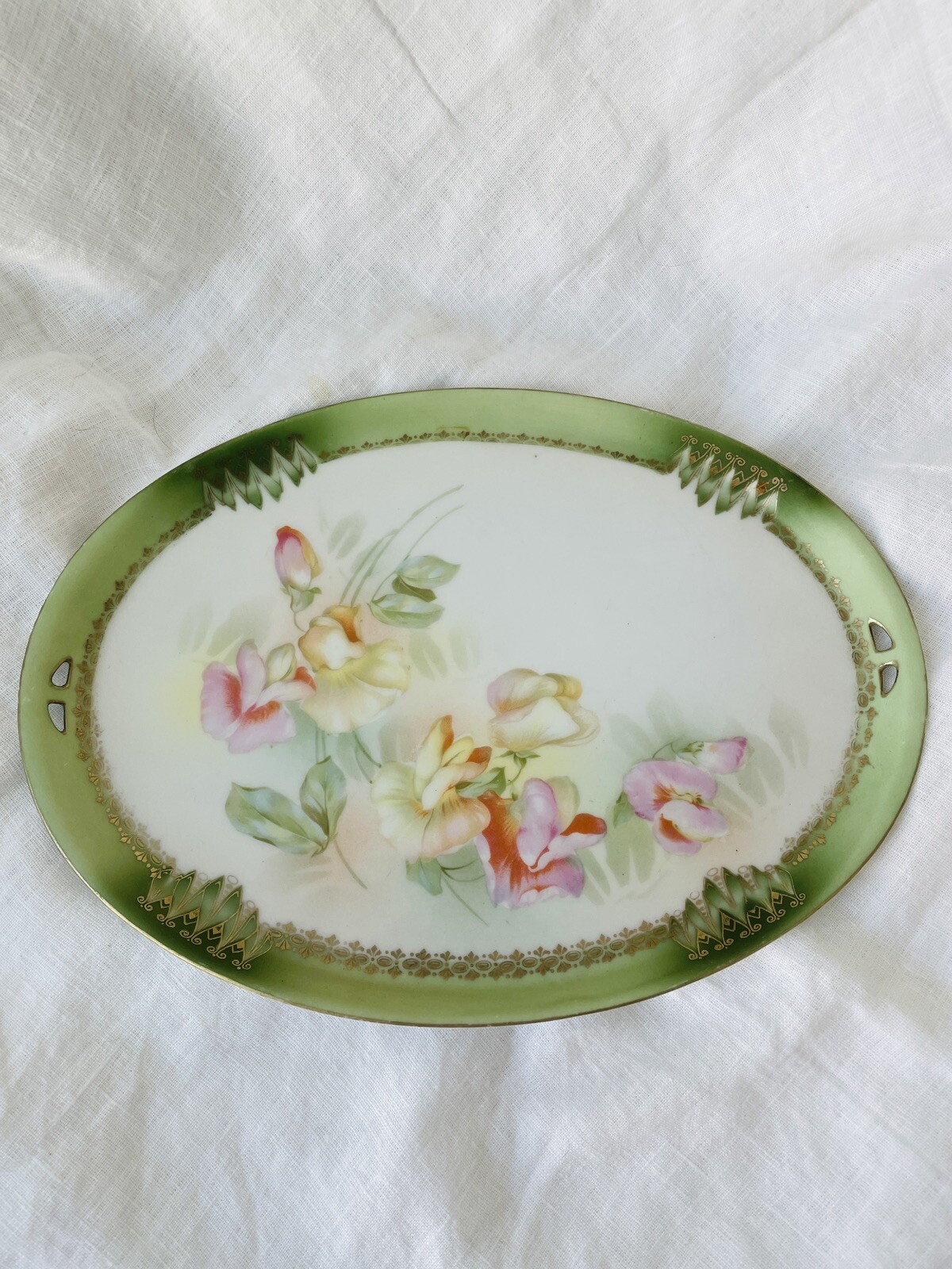 RS Prussia Red Star Germany Floral Open Handle Relish Dish 11″