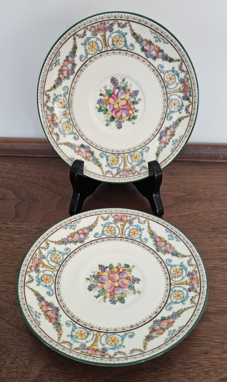 TWO Wedgwood Ventnor Saucers W996 Ivory Background, Fruit Swags 9″