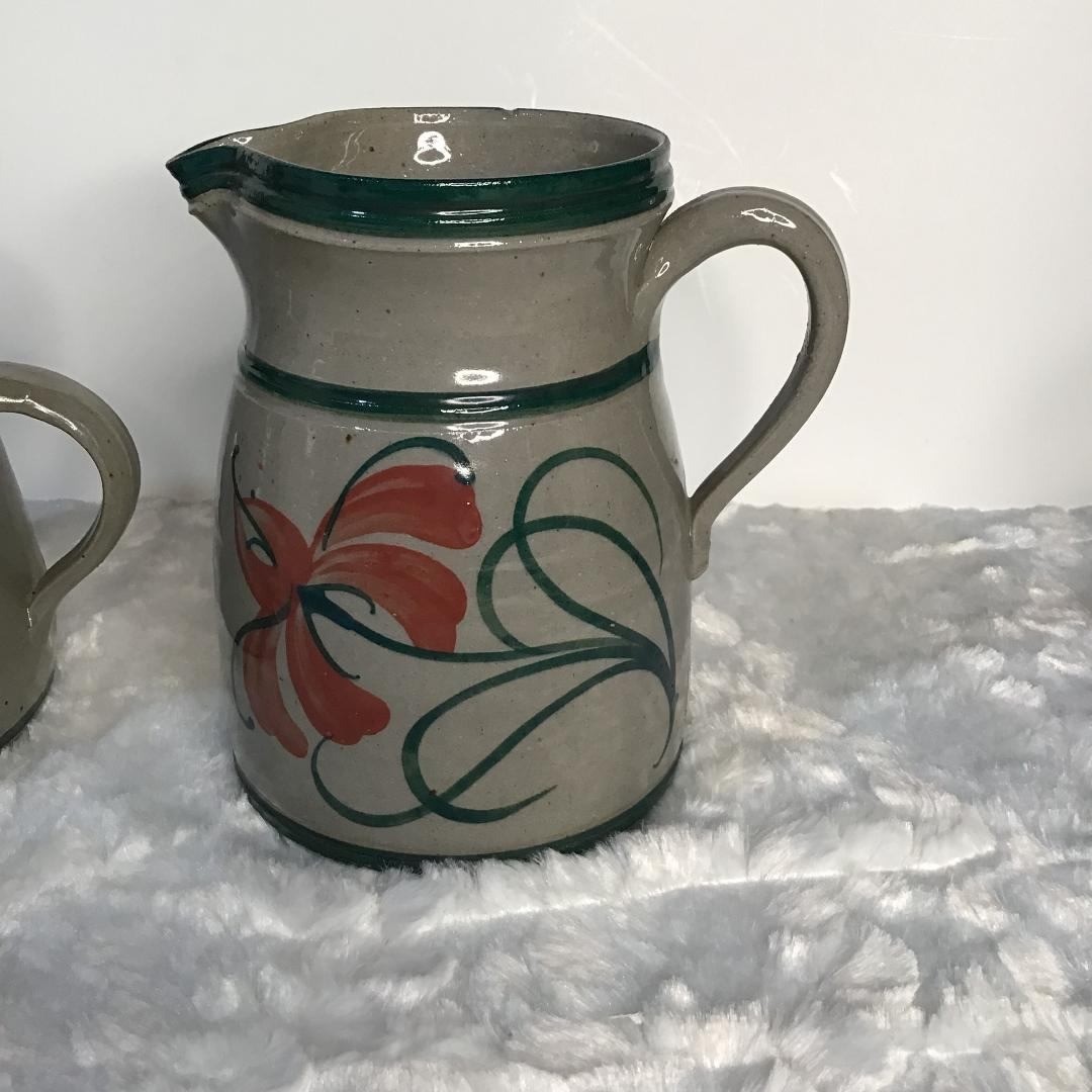 Vintage Salt Glaze Studio Pottery Pitcher and Crock Set Floral Farmhouse Cottage