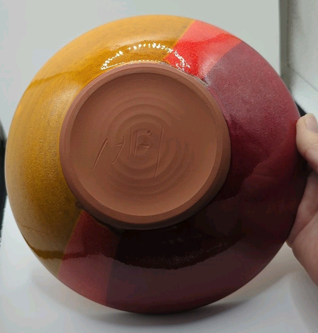 Studio Art Pottery Bowl Artist Signed Ombré Colored Design Yellow/Orange/Red 8in