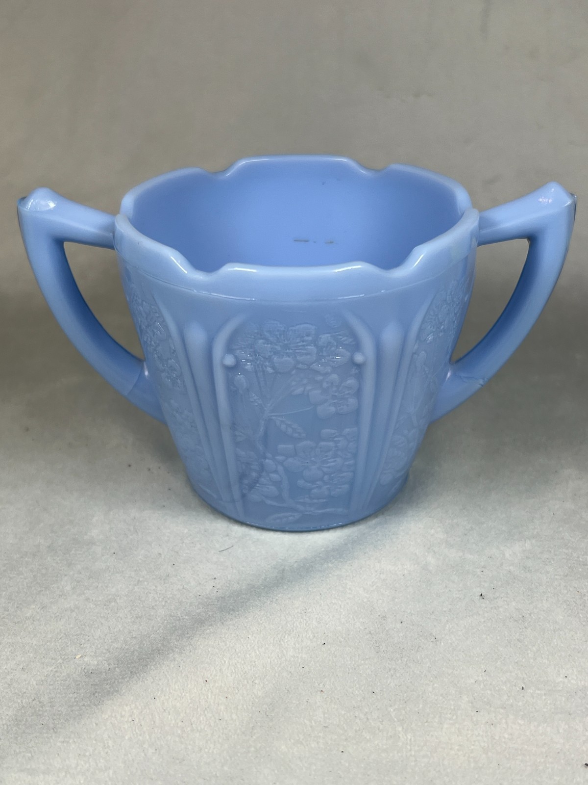 Jeannette Depression Glass Blue Delphite Cherry Blossom Double Handle Sugar Bowl