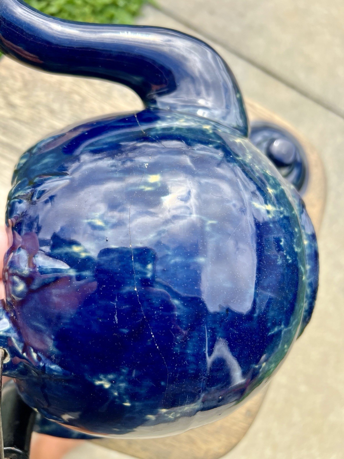 Cobalt Blue Yellow Ware Tea Pot 19th Century American Rare Blue Glaze Circa 1880