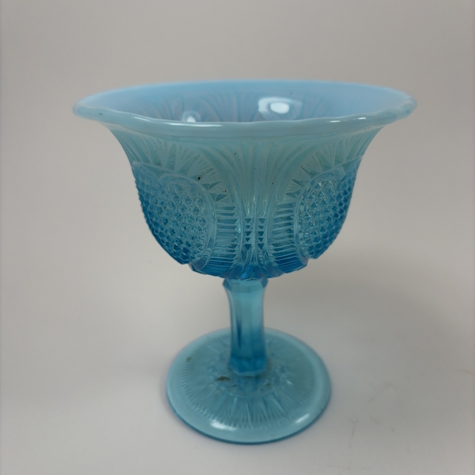 Dominion “Rayed Heart” 5″ Blue Opalescent Pedestal Dish-RARE
