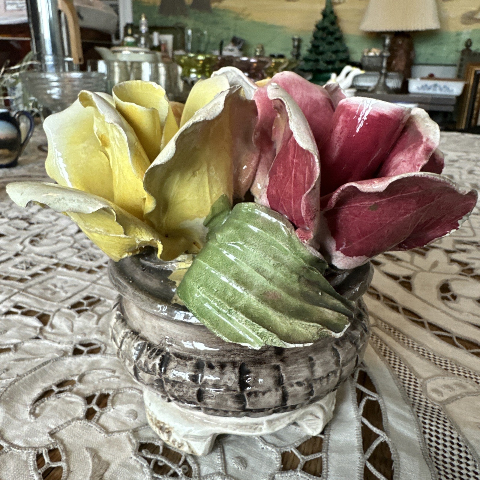 Vintage 1950’s Italian Capodimonte 3 Rose Floral Bouquet Footed Centerpiece