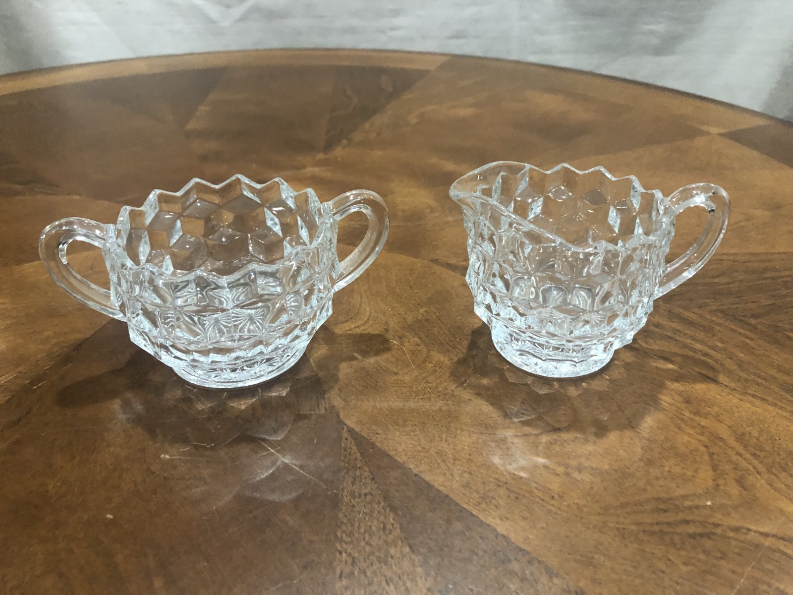FOSTORIA CLEAR GLASS AMERICAN CUBIST PATTERN CREAMER, SUGAR BOWL AND TRAY SET