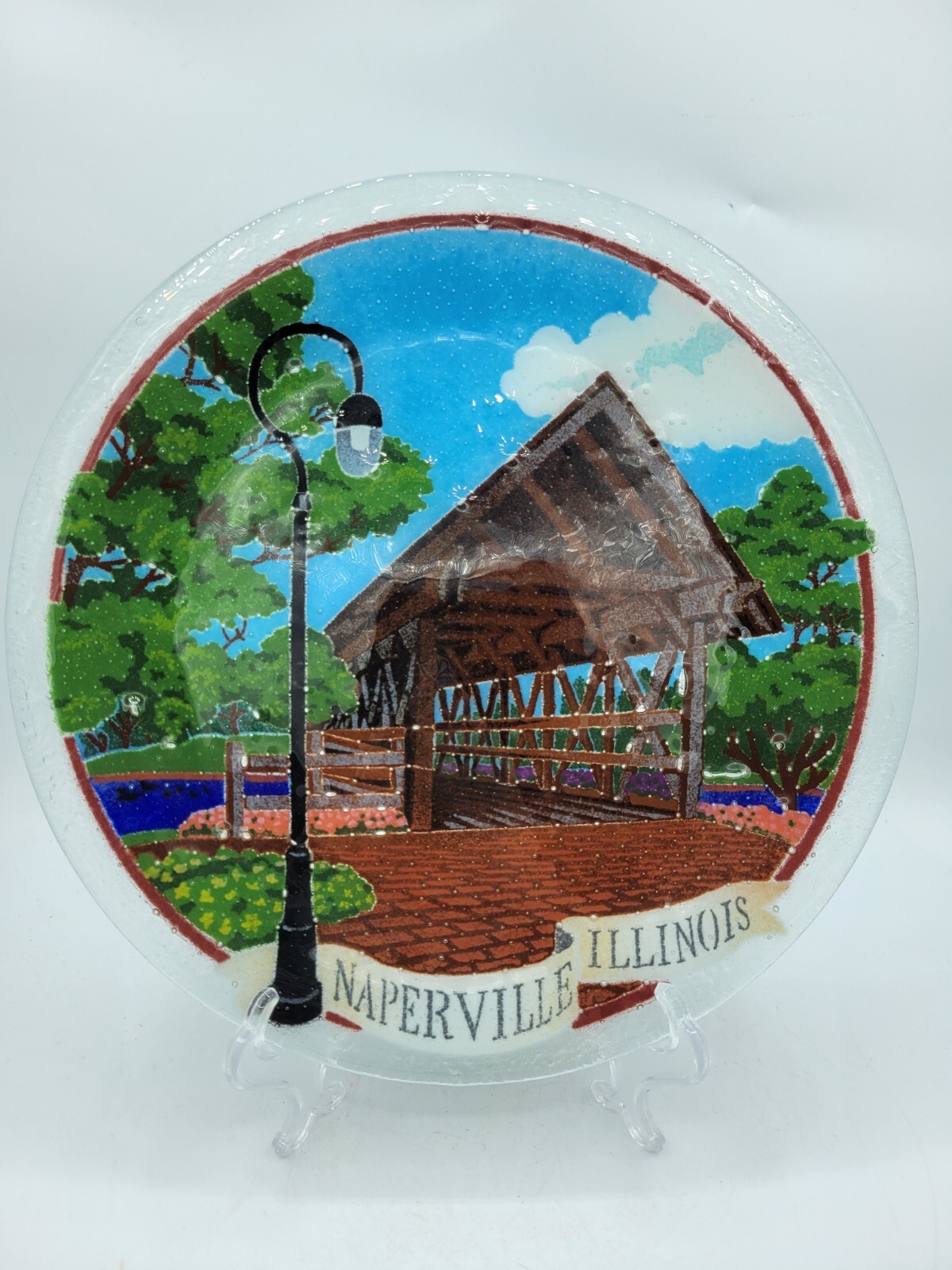 Peggy Karr Naperville Illinois Covered Bridge Fused Art Glass Plate Signed 11″