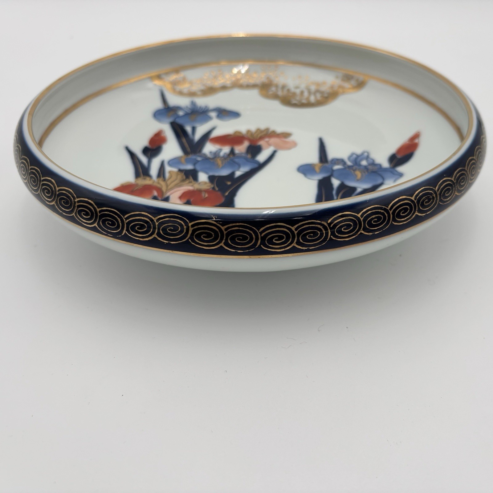 Hand Painted Gold Imari Rust Blue Orchids Shallow Bowl Decorative Plate Japan