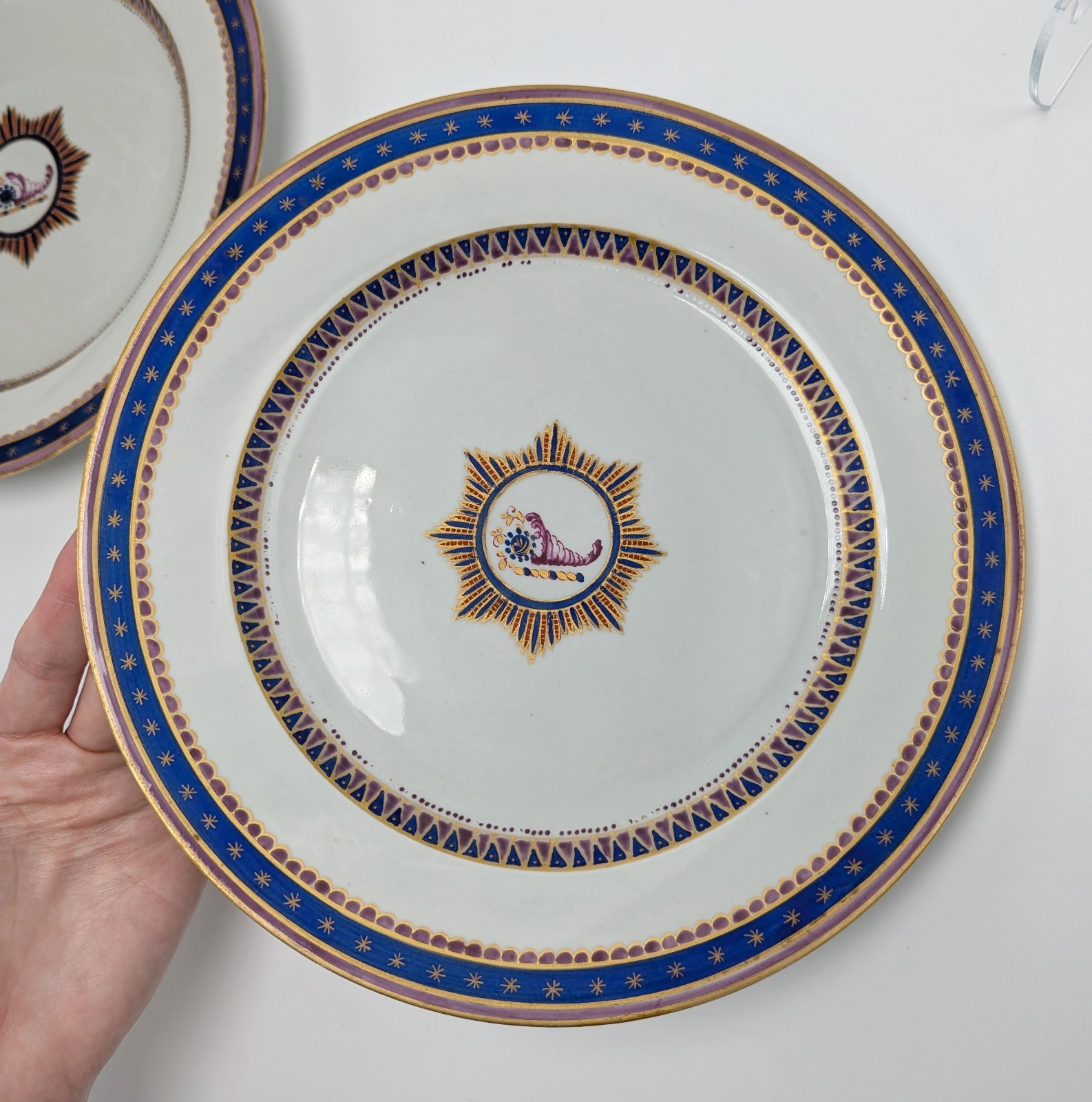 Antique English Regency Neoclassical Cornucopia Porcelain Plates 19th Century