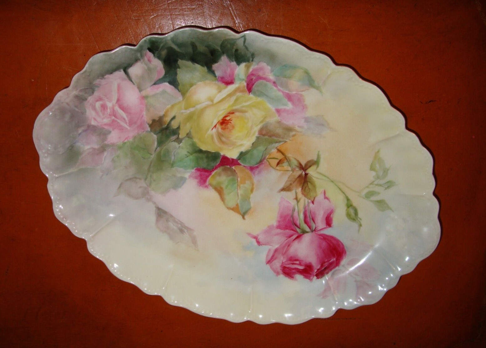 ANTIQUE LIMOGES HAVILAND FRANCE 14″ LARGE HAND PAINTED ROSES PLATE PLATTER TRAY