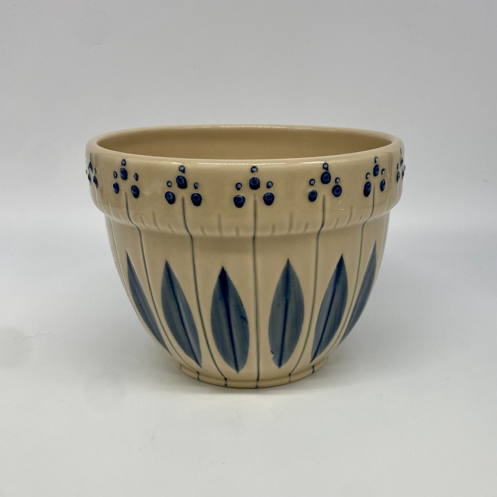 2001 Tender Heart Treasures Blue Tan Mixing Serving Bowl Floral Leaf Ceramic