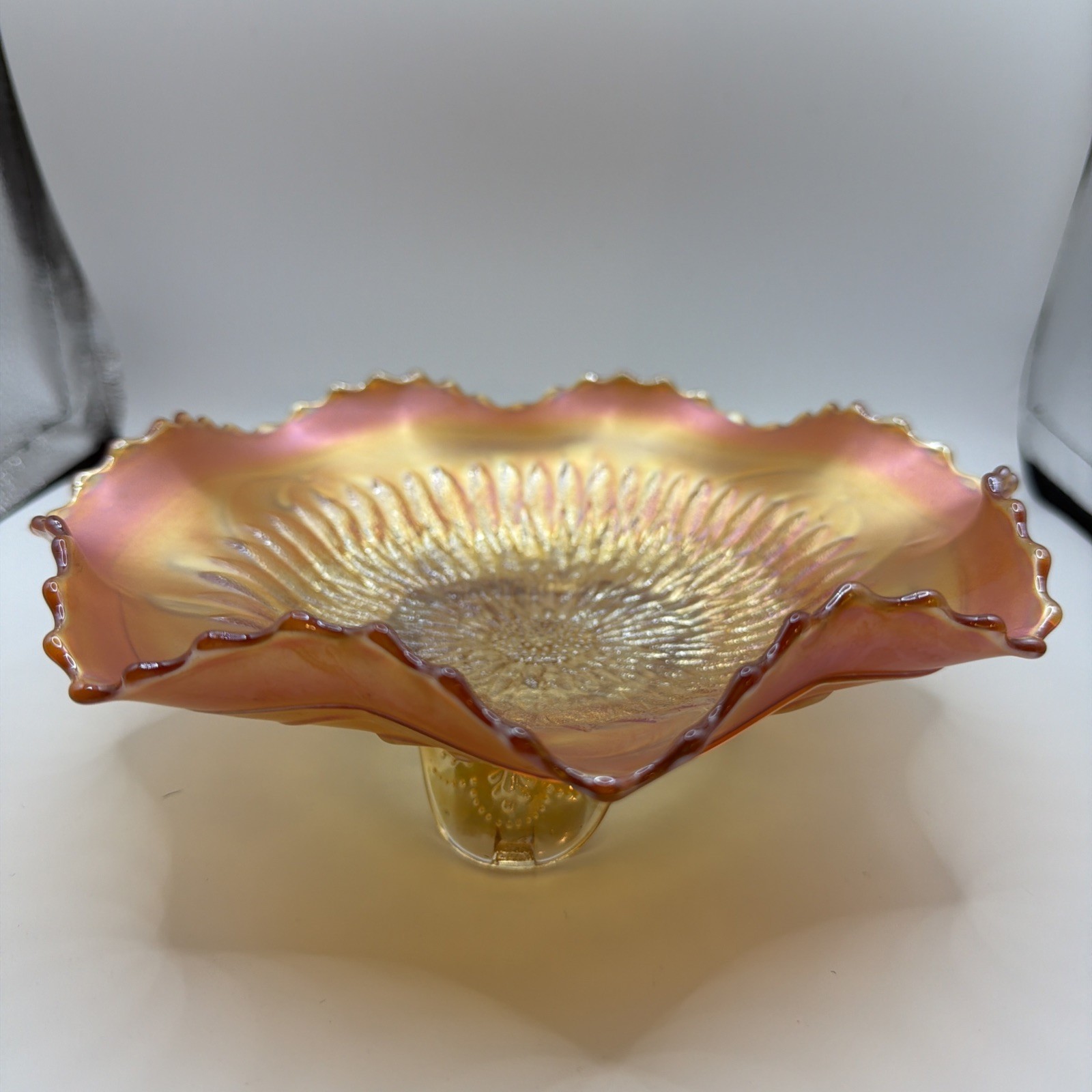 Northwood Pumpkin Marigold Sunflower Spatula Ftd Carnival Glass Bowl 9”