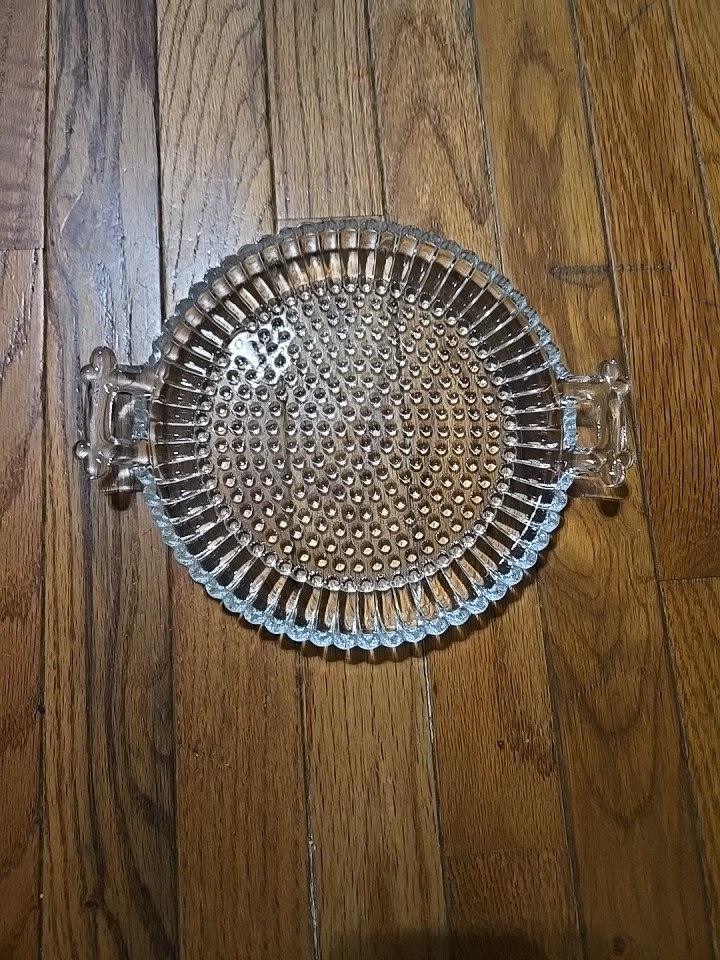 Hobnail Clear Glass Plate round with Handles, 10″ handle to handle. 8″ diameter