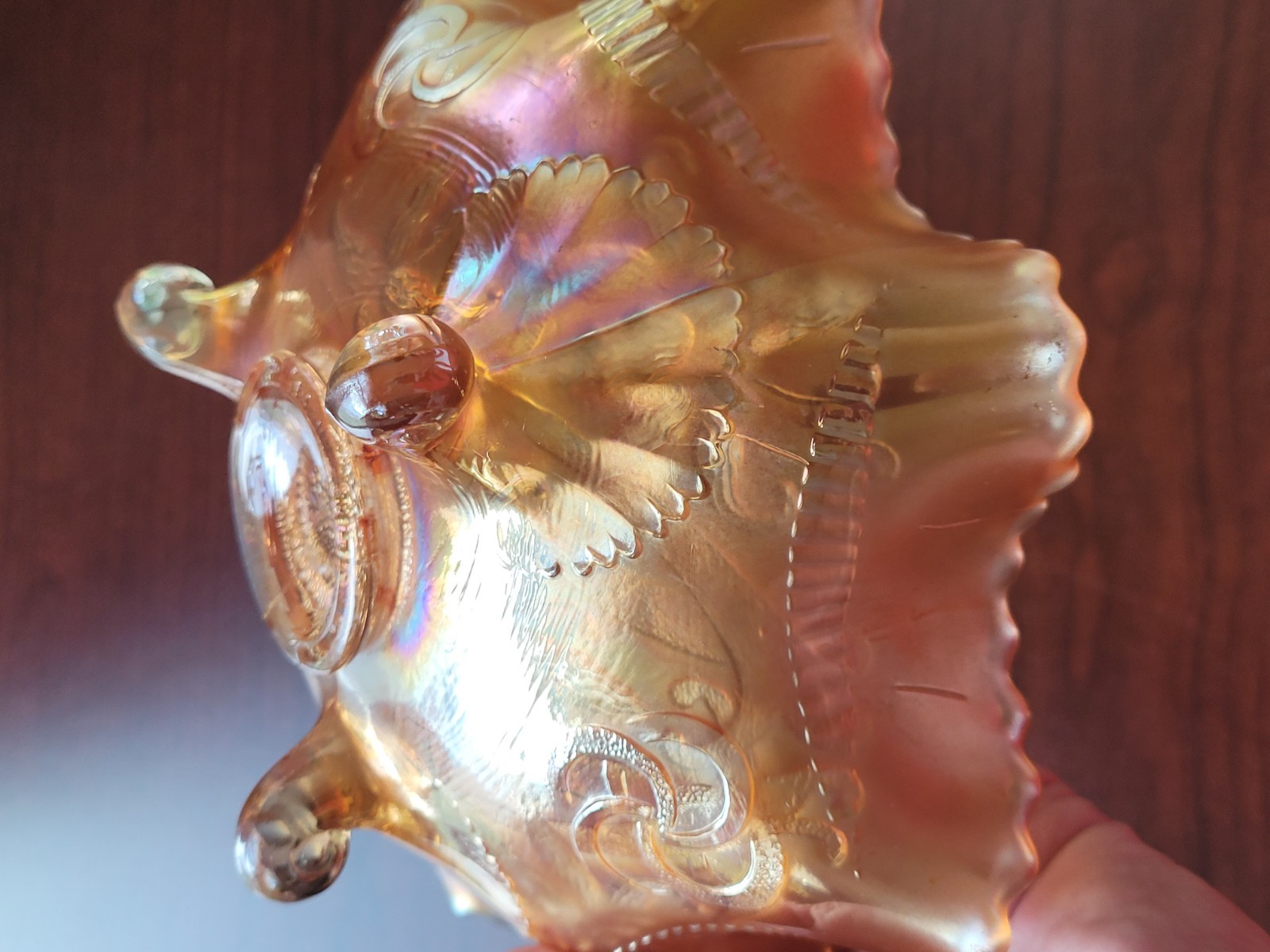 Pretty Marigold Northwood Carnival Glass Wishbone Bowl Ruffles n Rings EX.