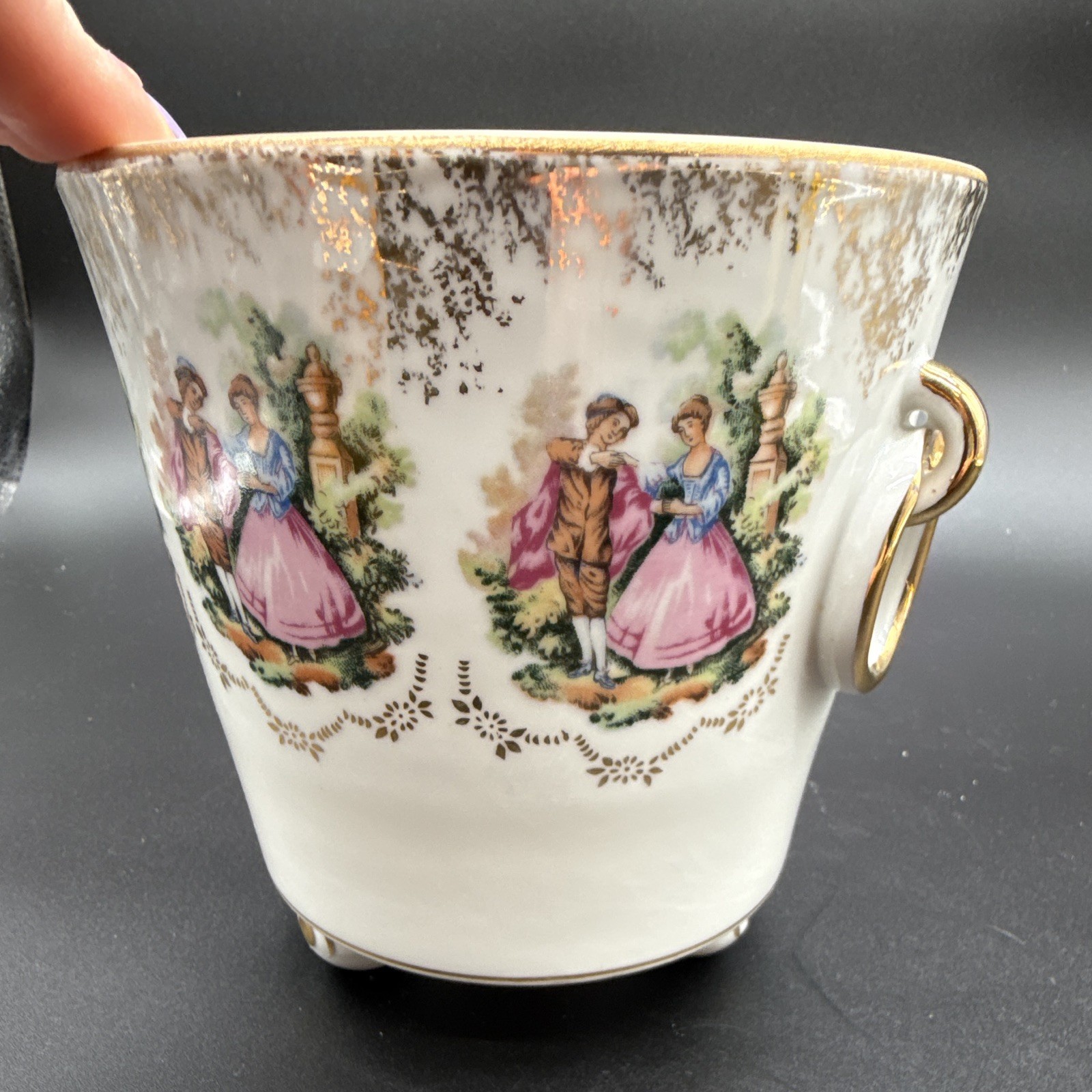 Japan White Ceramic Footed Bowl Gold Ring Handles Courting Couple 5in
