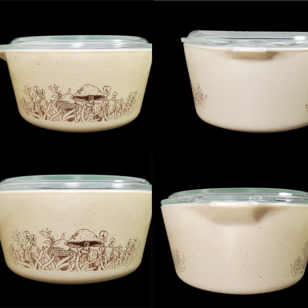 VTG Pyrex Forest Fancies Mushroom Casserole Dishes 473 & 474 w Lids Corning Mark