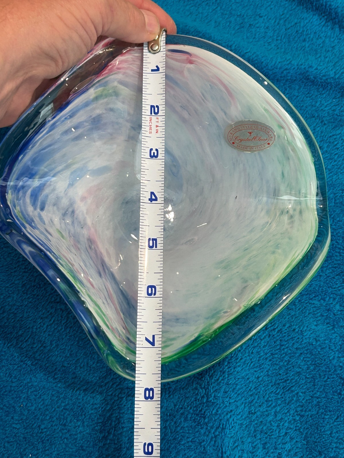 Vintage Murano Style Glassware Multicolor 7″ Bowl Green Blue Red Swirl