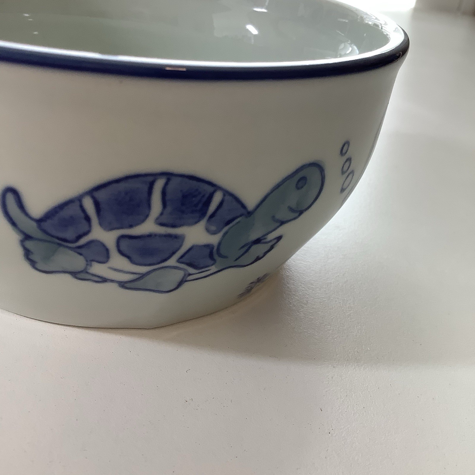 Yokohama Studio Hand Painted Bowl With Cobalt Blue Turtle And Fish Accents