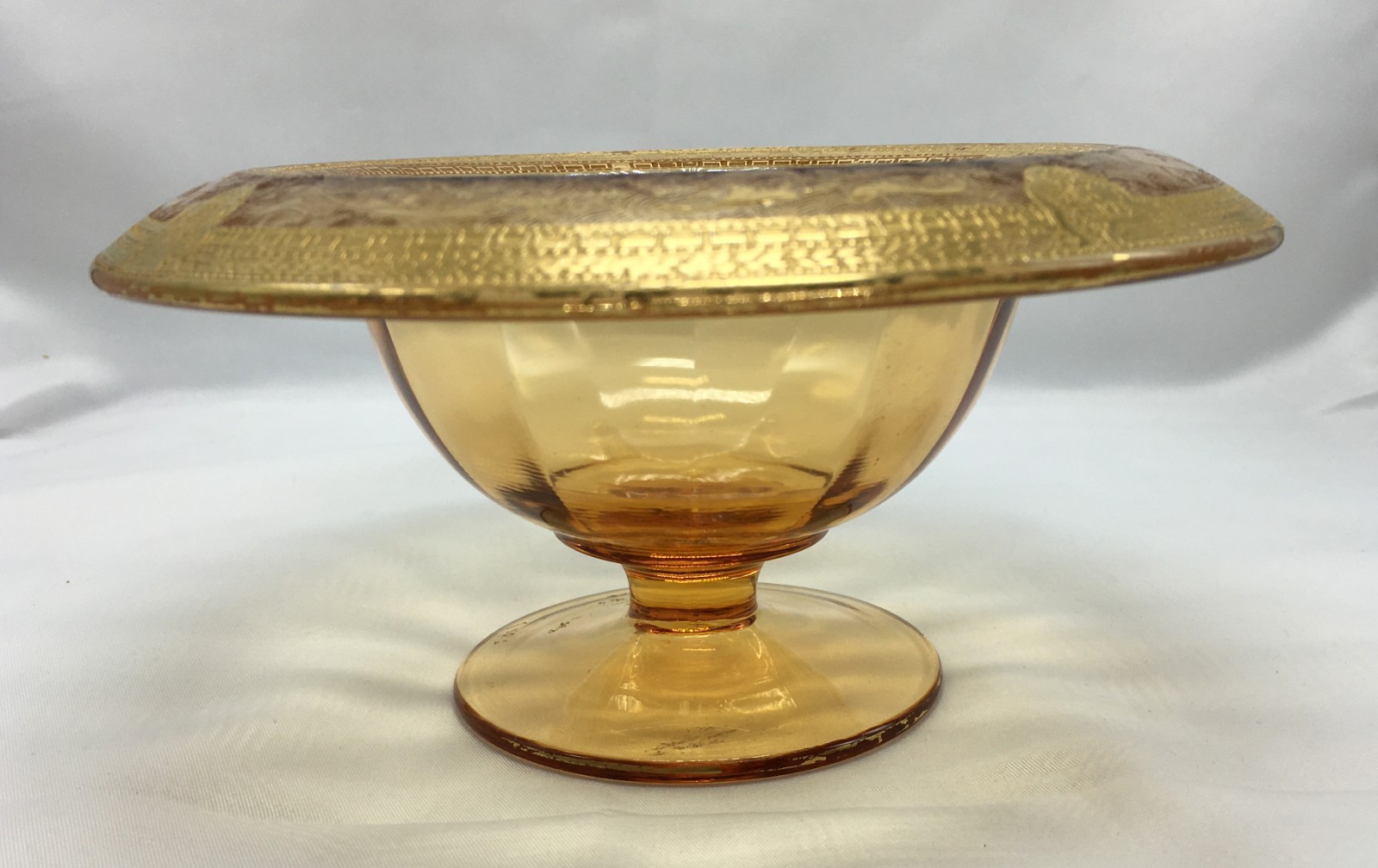 Vintage Amber Glass Pedestal Compote with Rolled Gold Decorative Rim