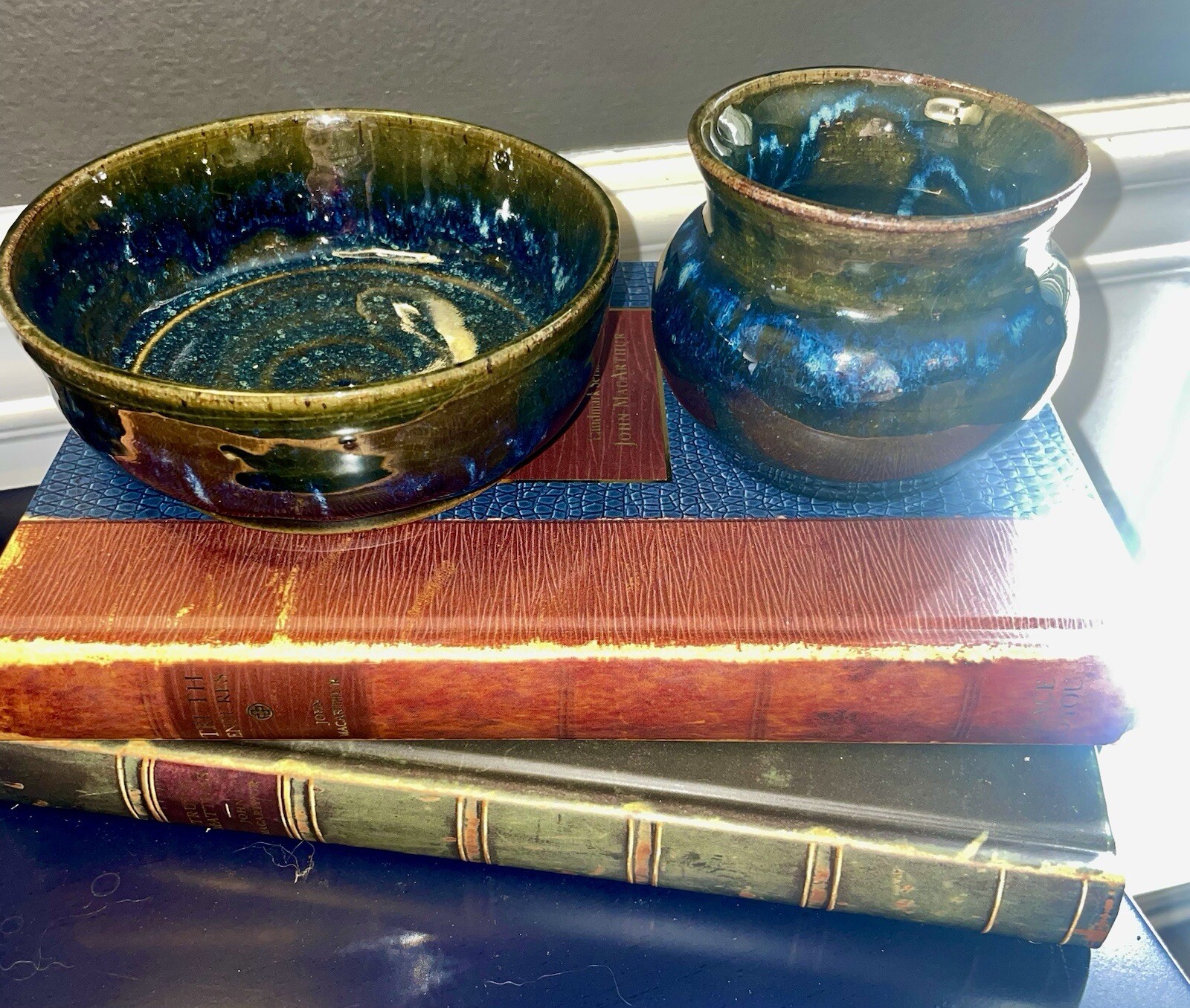 2 Pc Signed Studio Pottery Planter / Saucer Moody Blue Drip Ceramic Hand Thrown