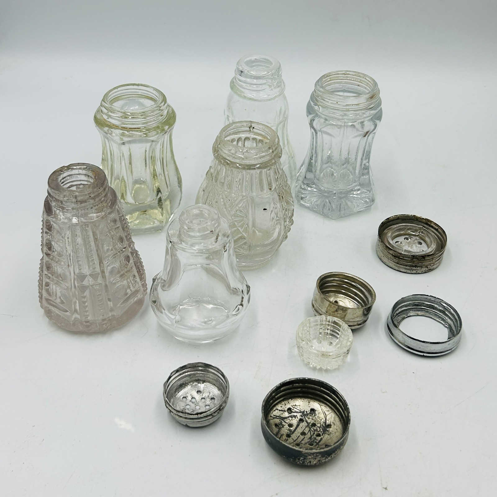 6 Piece Vintage And Antique Eapg Glass Clear Salt Shaker Mixed Lot Pressed