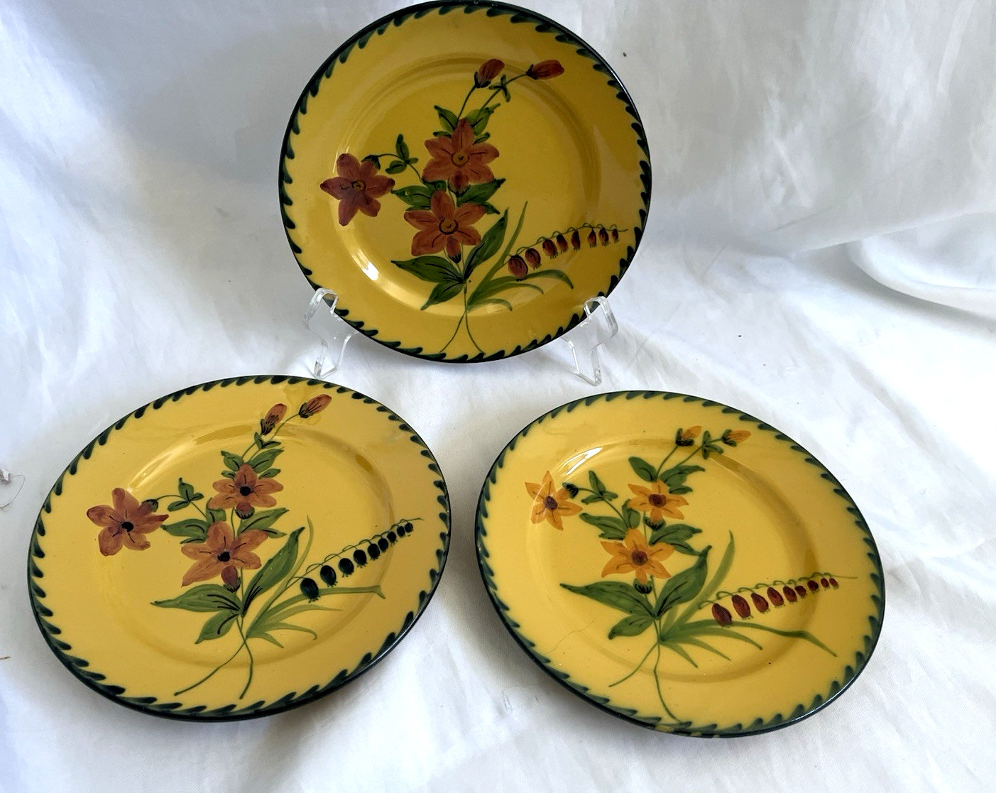 ANTIQUE set of 3 handpaint plates-yellow/mustard w/ orange & green floral.