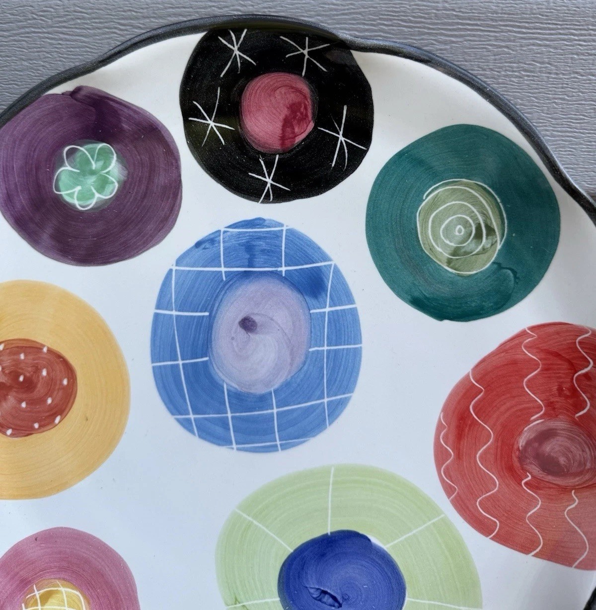 Jan Pugh Signed Art Pottery Plate Platter Hand Painted Ruffled Edge Whimsical