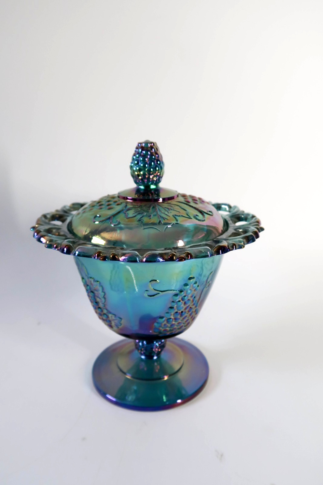Blue Carnival Glass Grape & Cable 7-Piece Breakfast Serving Set Iridescent
