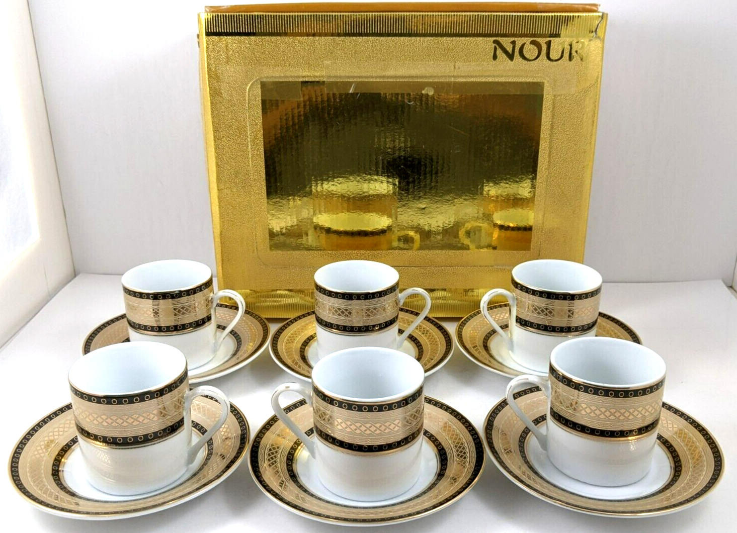 Nour Black Gold Porcelain Demitasse Cups And Saucers Twelve Piece Set