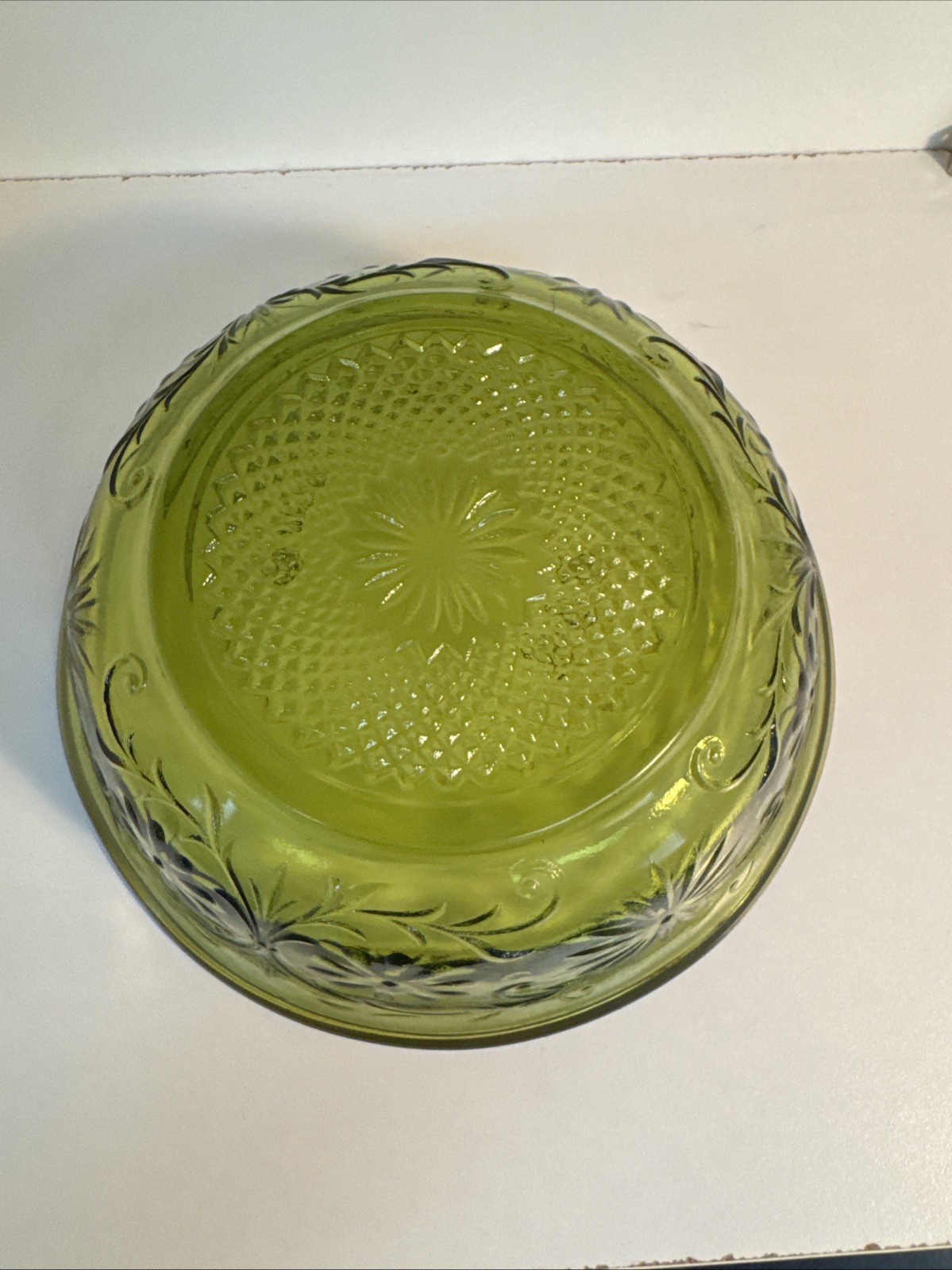 VTG 1979 Olive Green FTD Embossed Floral Glass Serving Bowl – 7 1/2 Vintage