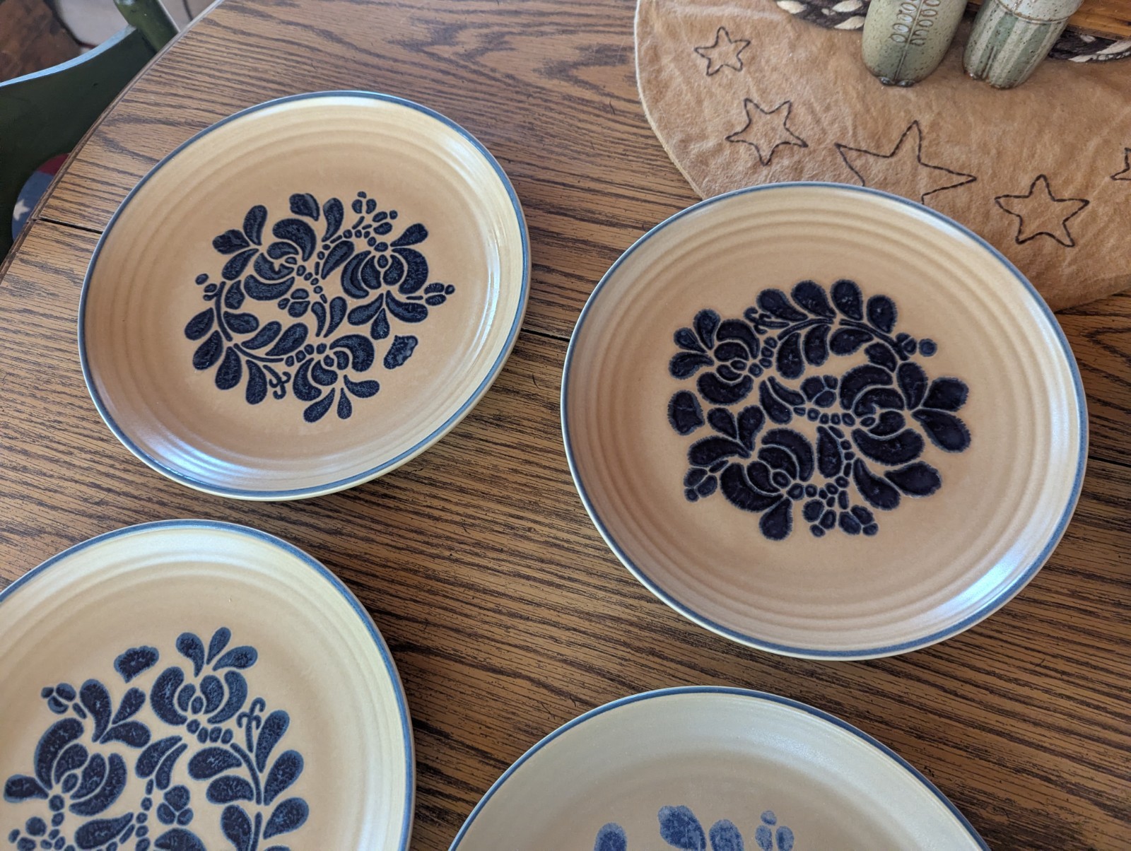 6 Pfaltzgraff Folk Art Dinner Plate Set Vintage Blue Floral Table Dish (READ!)