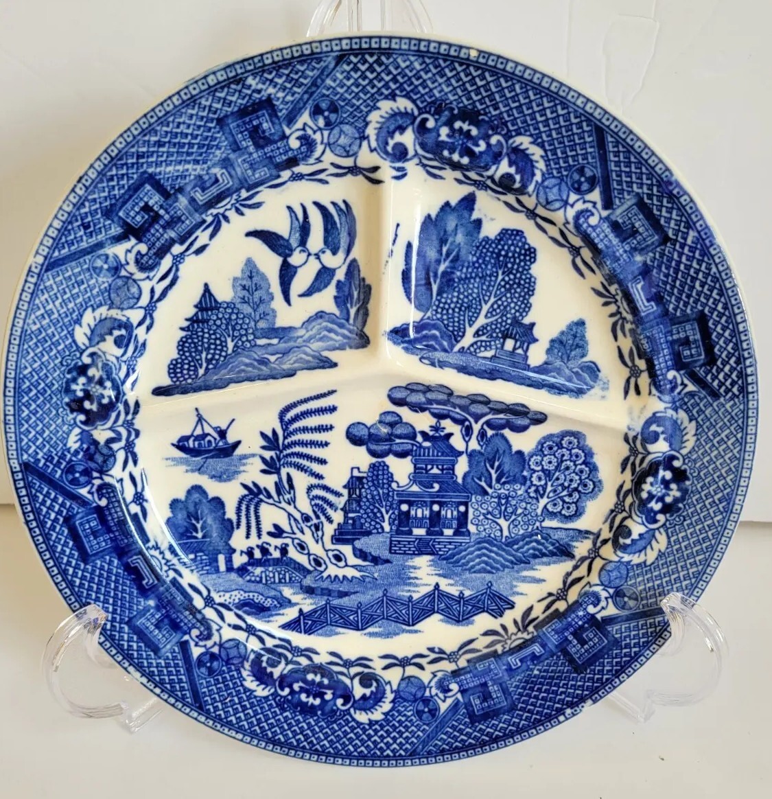 Set of 3 Blue Willow Divided Grill Plates made Japan **RARE STAMP**