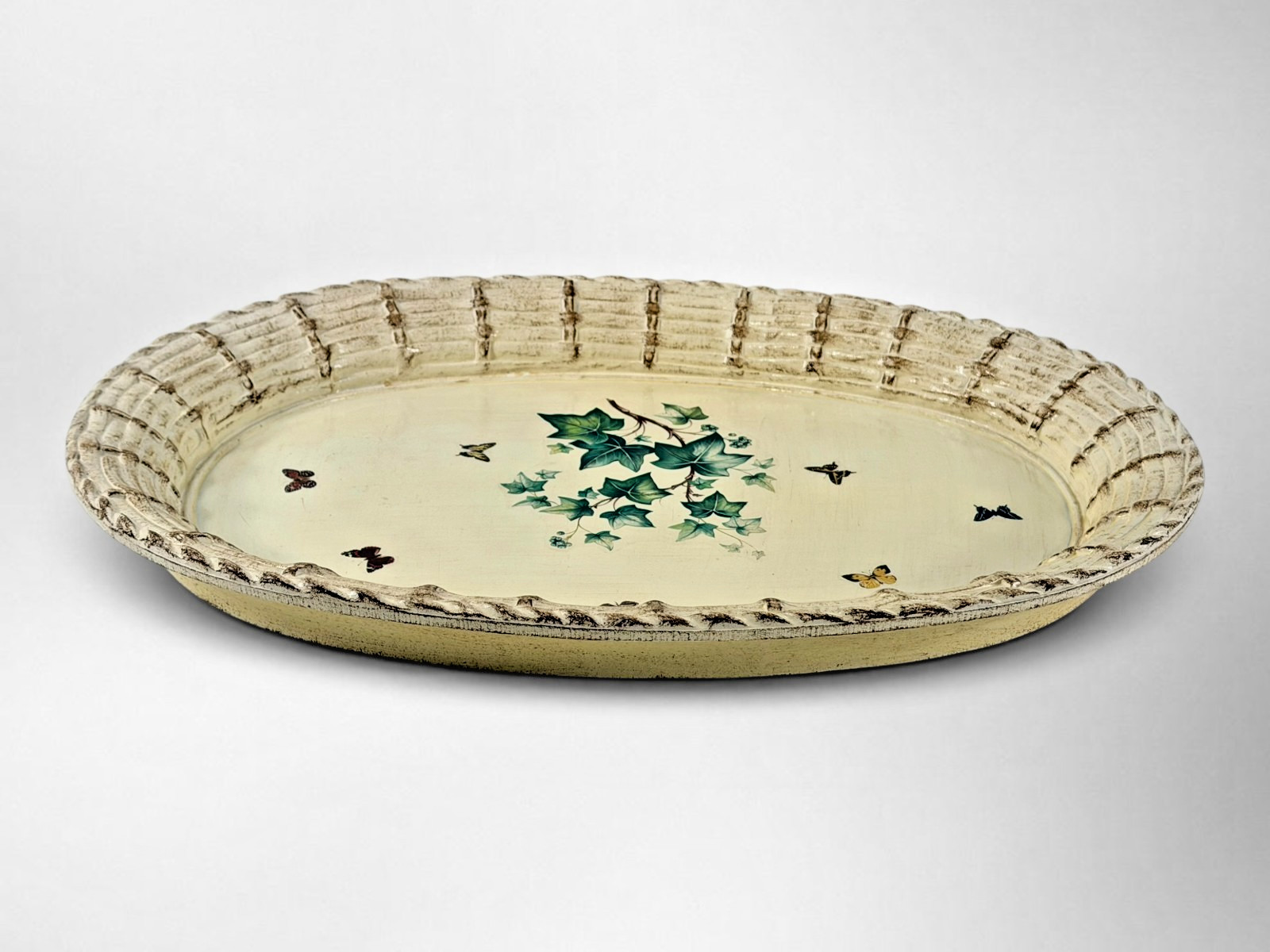 Vintage Neiman Marcus Italy Oval Wood Serving Tray Ivy Butterflies Basket Rim