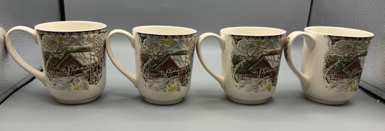Set of 4 Johnson Brothers Friendly Village Covered Bridge 4″ Coffee Mugs England