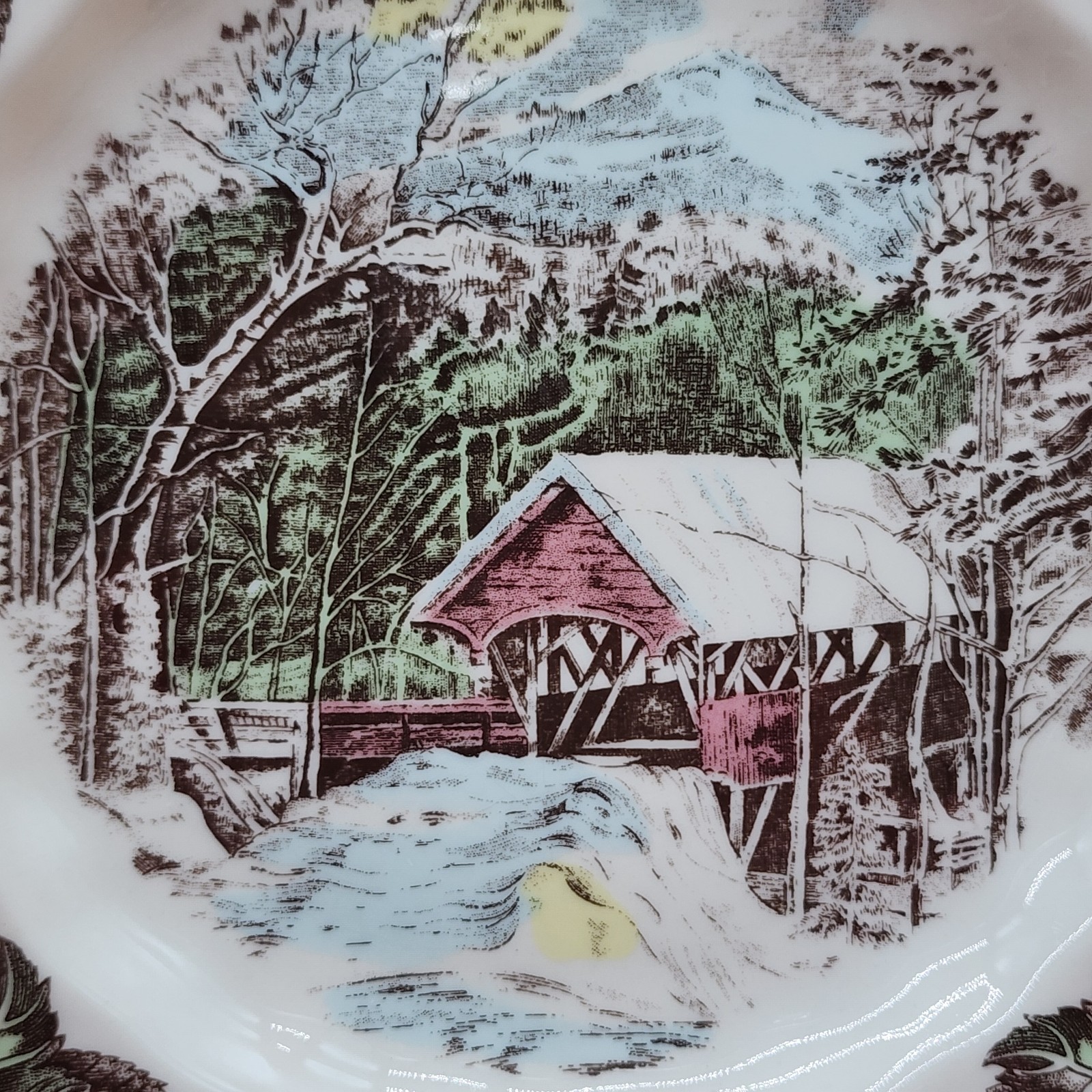 2 Johnson Brothers Friendly Village Covered Bridge Square Salad Plates-7.1/2″