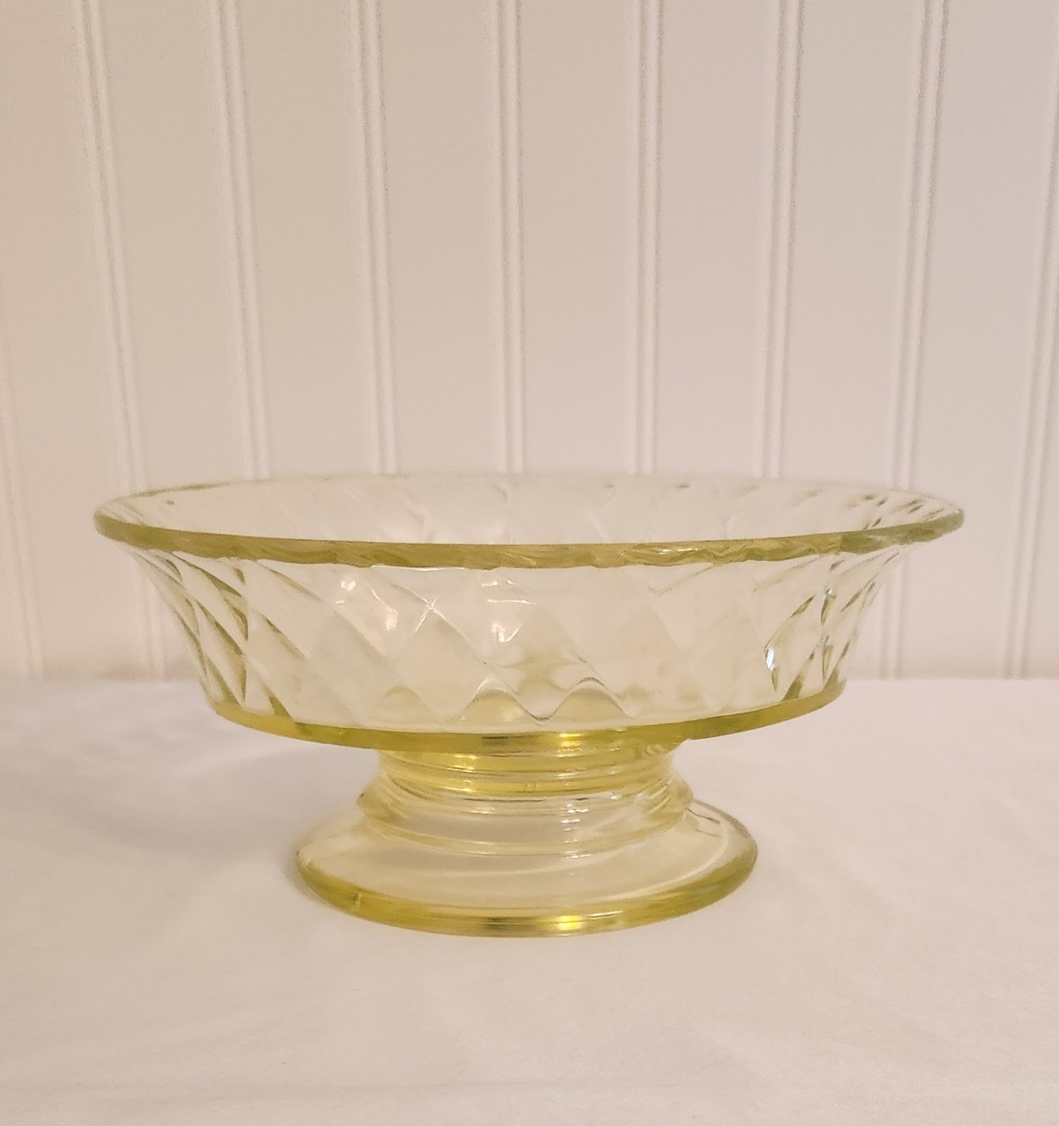 Antique Bryce Vaseline Canary Yellow Uranium Glass Diamond Quilt Compote Bowl