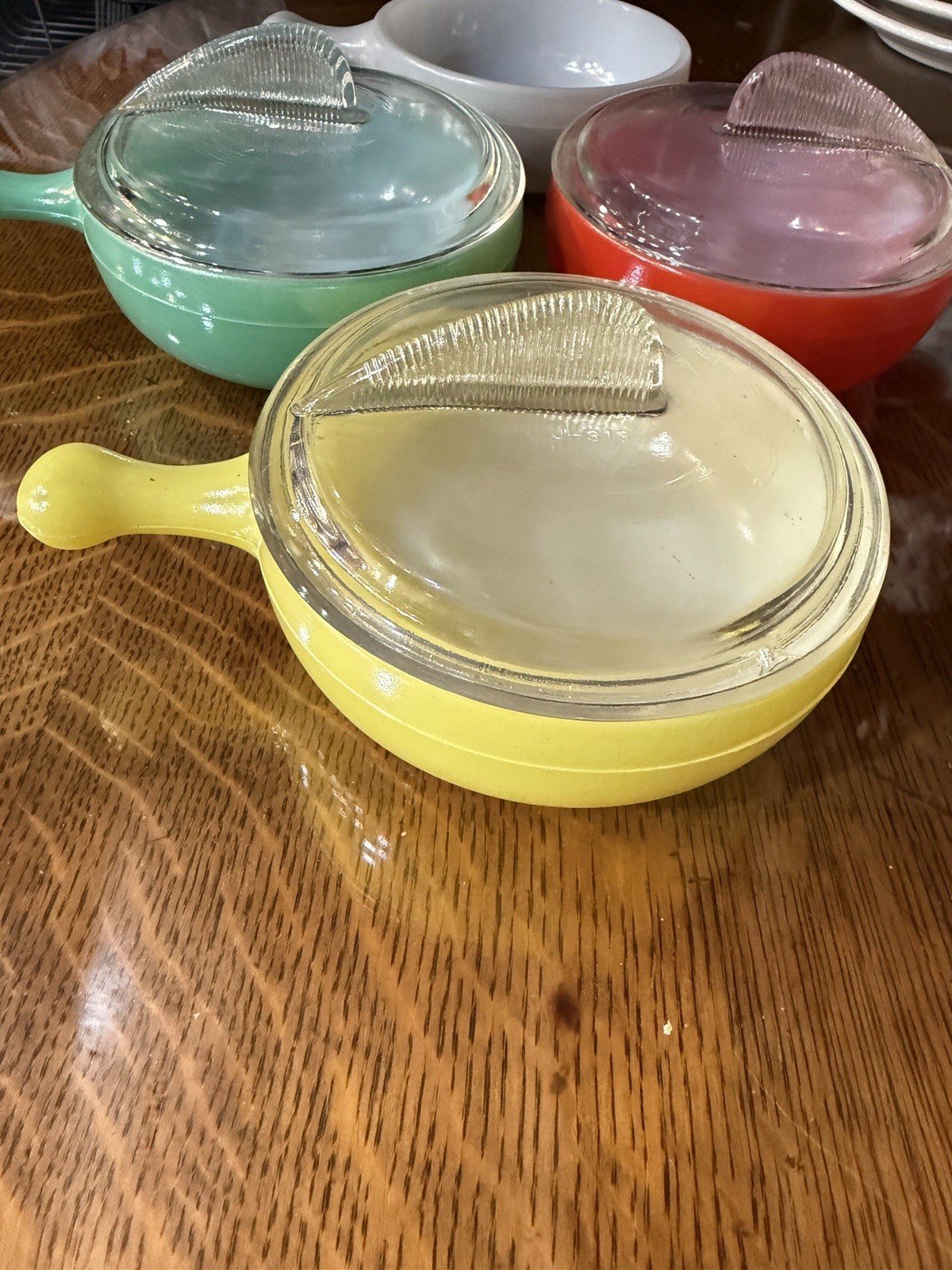 Vintage 1950s GLASBAKE #358 GLASS CASSEROLE BOWL SET OF 4 With 3 Lids