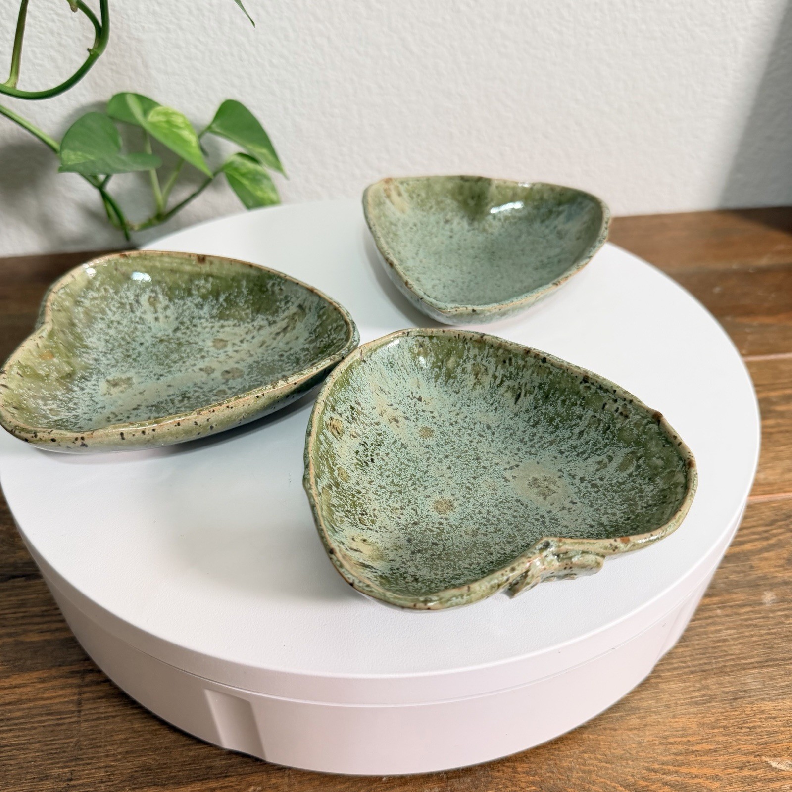 Ceramic Studio Art Pottery Glazed Heart Leaf Print Trinket Dish Tray Signed 3