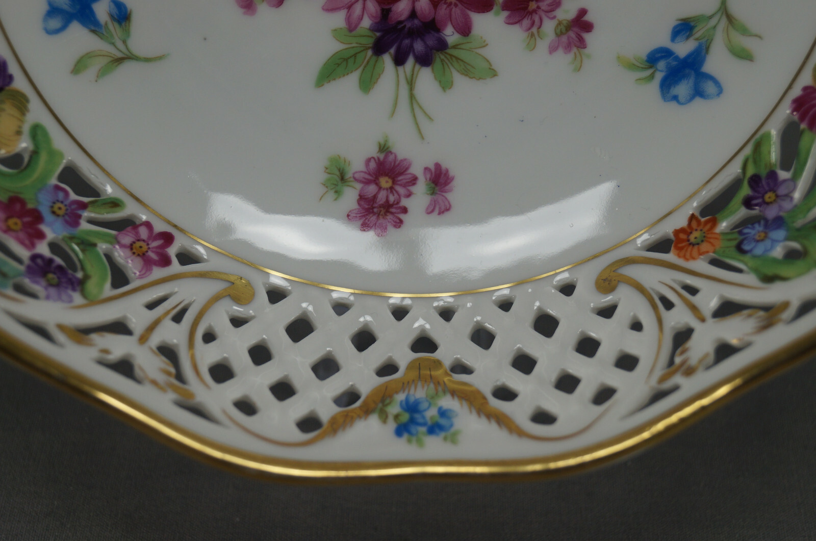 Carl Schumann Dresden Flowers & Gold Reticulated 8 1/8 Inch Bowl Circa 1932-1944