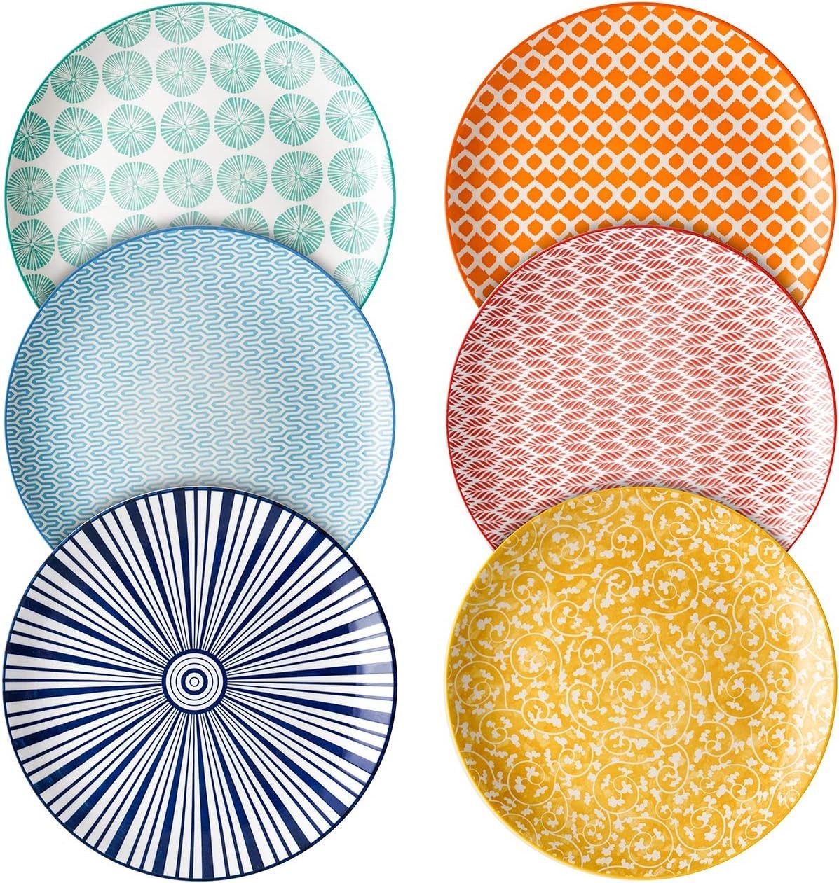 Unique Floral Design: 8-Inch Lead-Free Porcelain Plates, Set of 6 Vibrant Colors