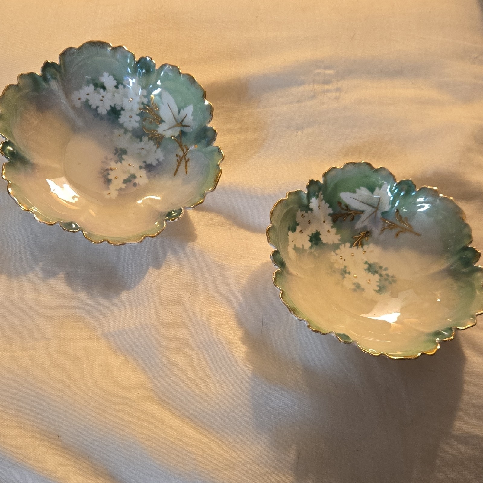 RS Prussia Hand Painted Floral Porcelain Bowls, Scalloped Green White Gold