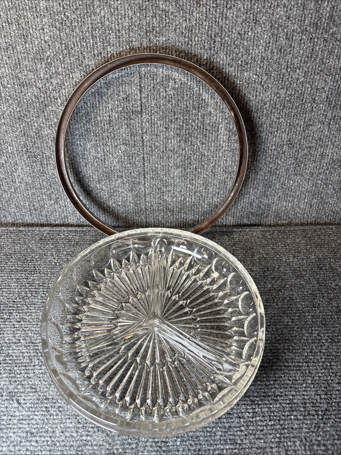 Vintage Pressed Glass 3 Part Relish Dish 9″ With Metal Band 2 1/2 Pounds