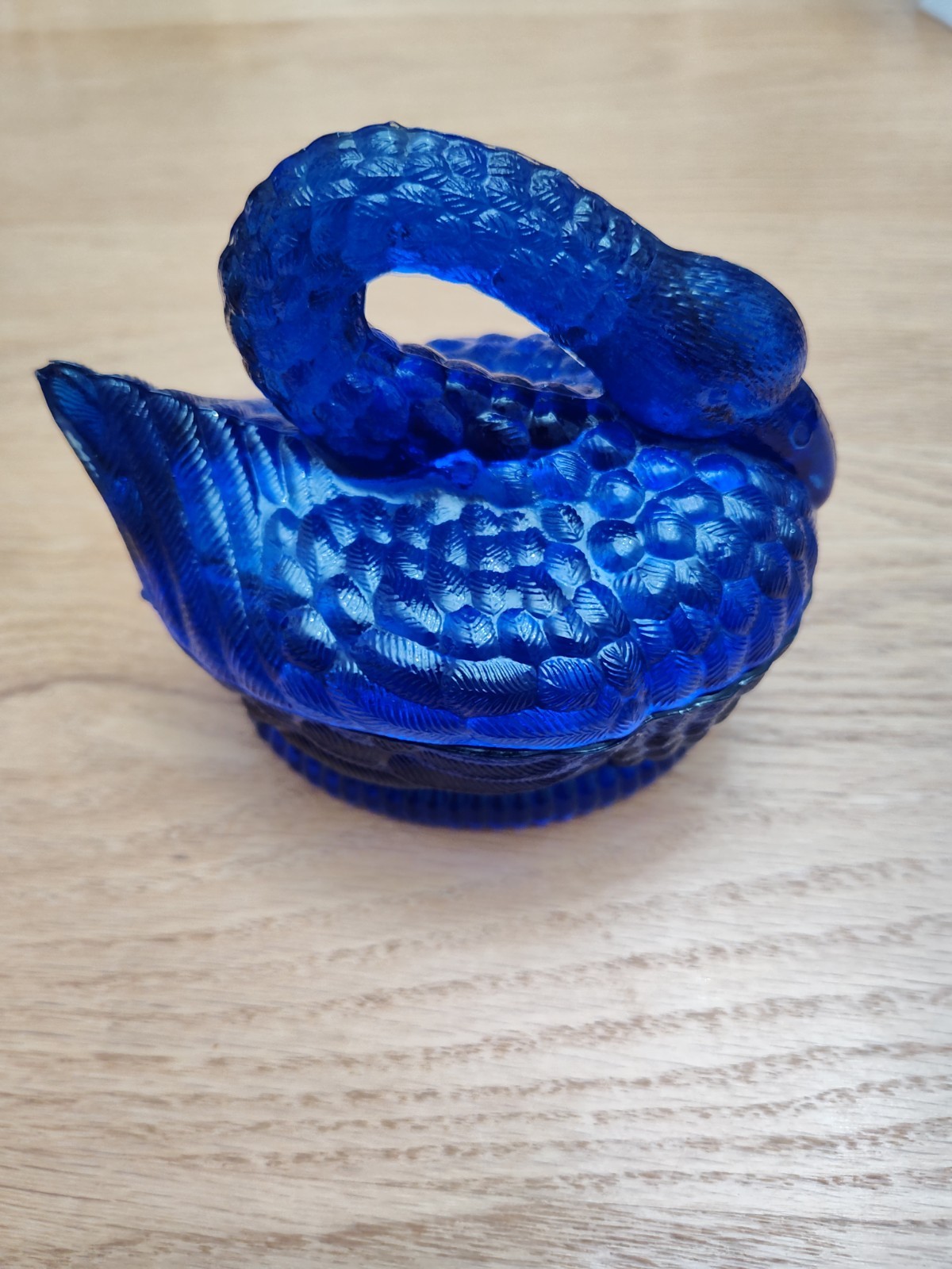 Vintage Cobalt Blue Glass Swan on Nest Covered Candy Dish Raised H Diamond Mark