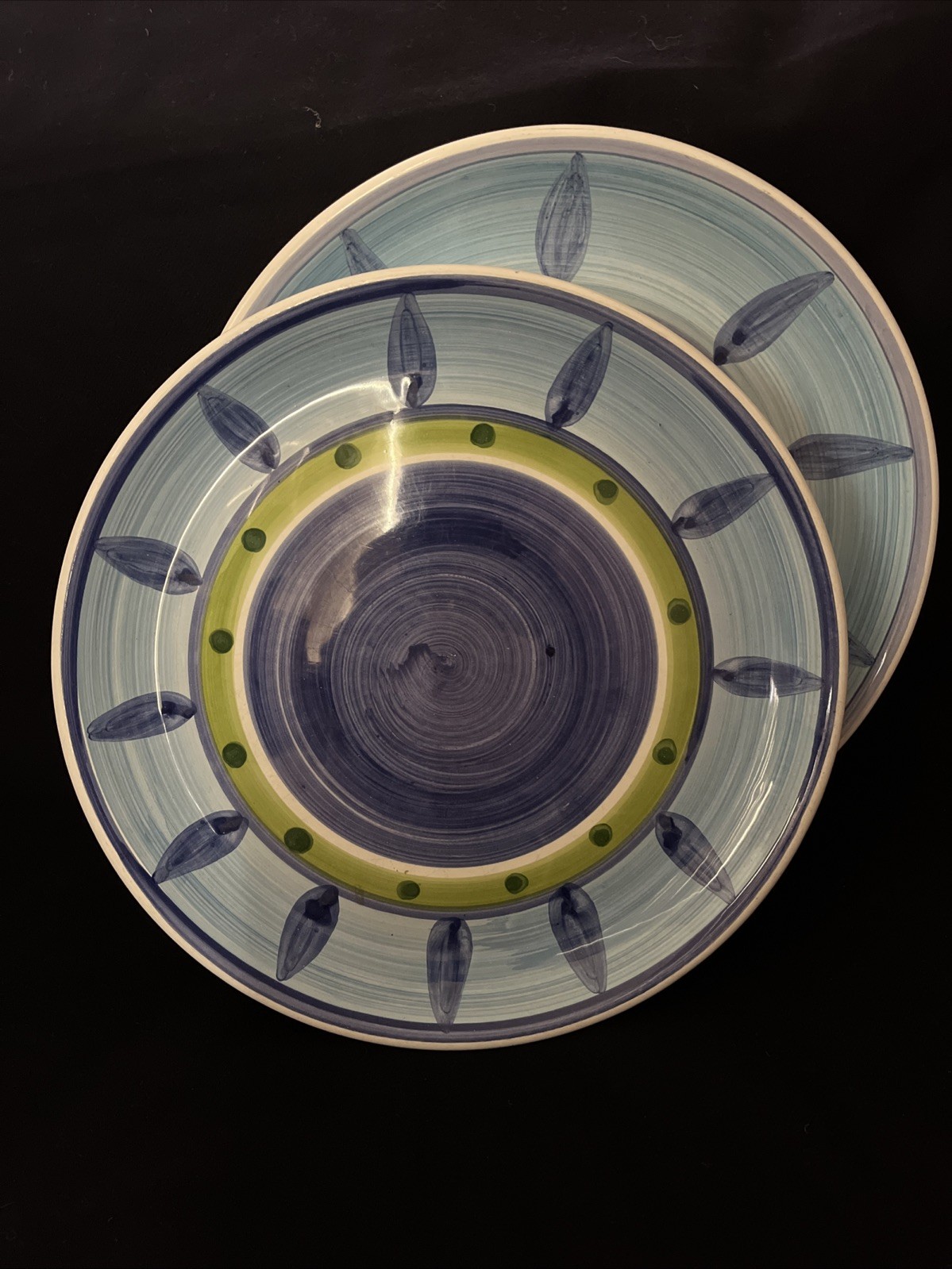 Lot of (2) Caleca Italy BLUE MOON Dinner Plates Hand Painted Green Blue 11 1/4″