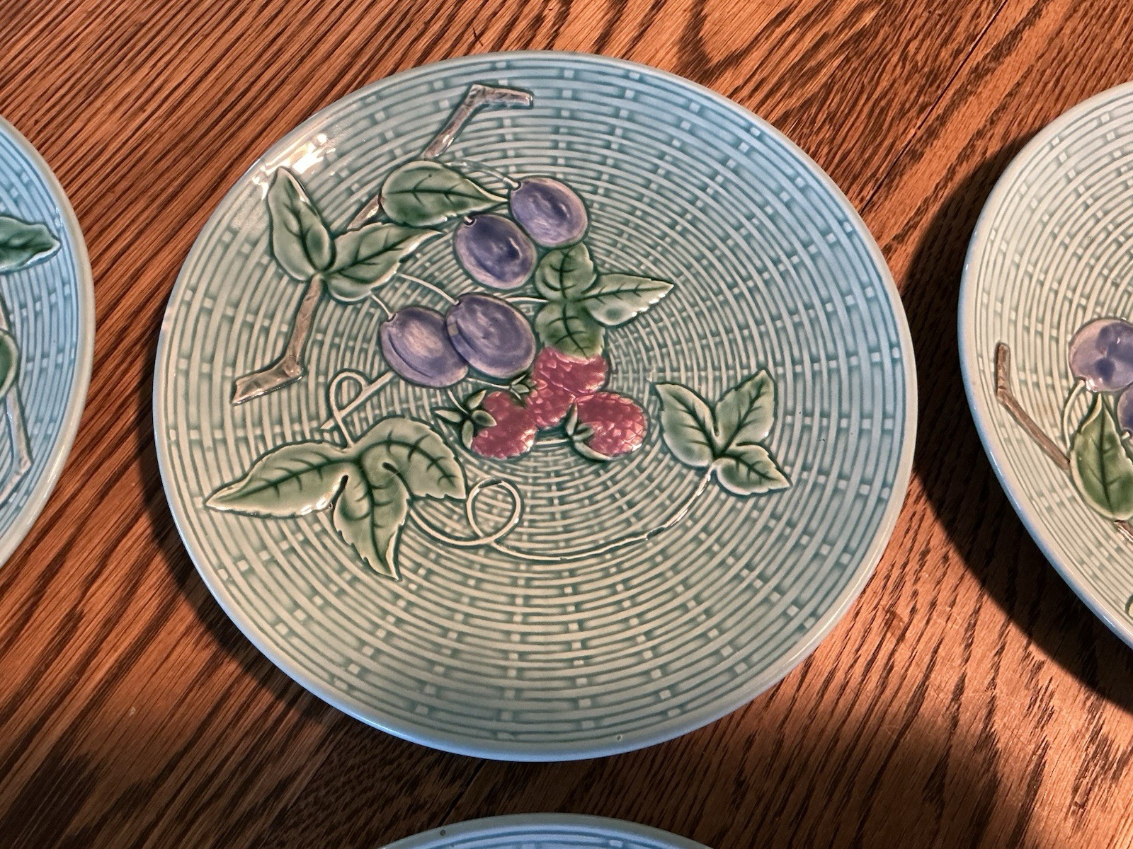 SET Of SIX Majolica Plates Teal Aqua Raspberry Plumb 2230 B Germany Weave 7.75”
