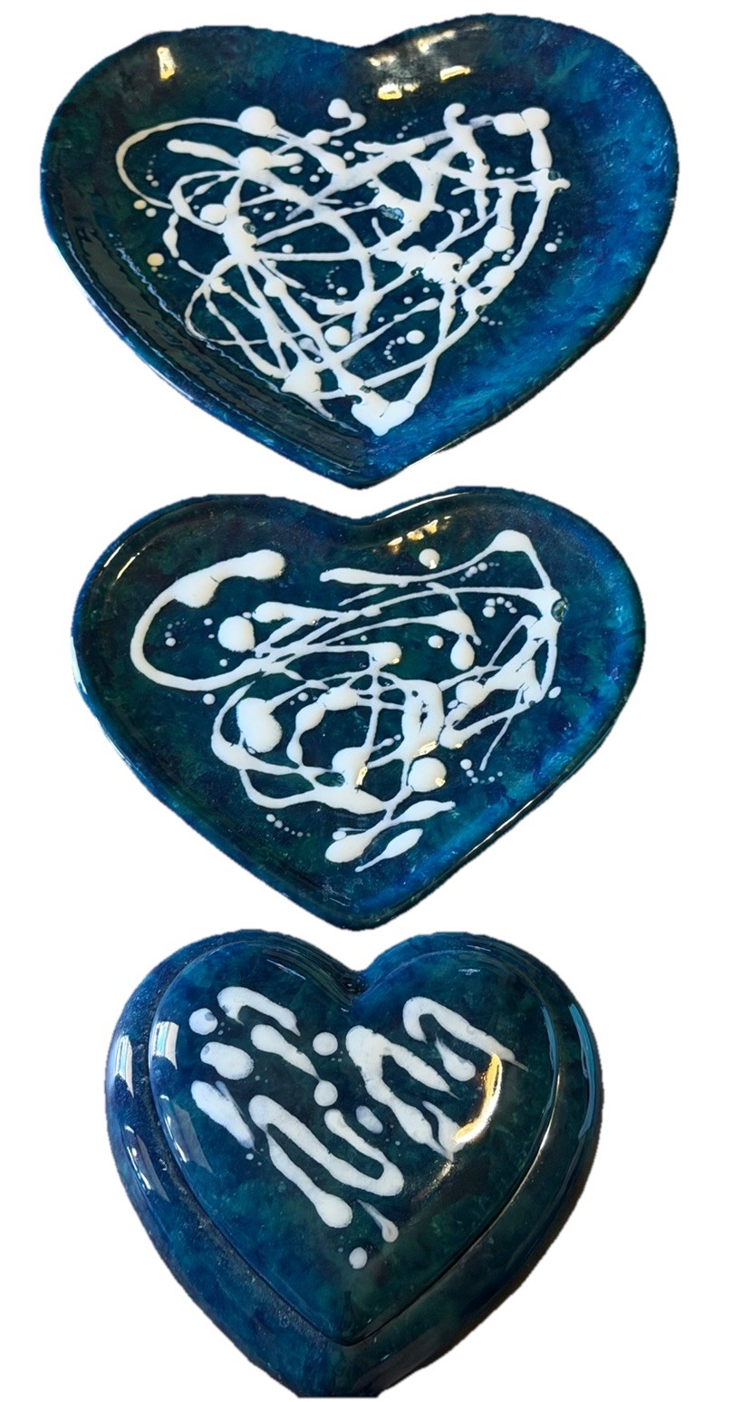 Vintage Handcrafted Four Piece Heart Shaped Blue Green Pottery Plates & Trinket