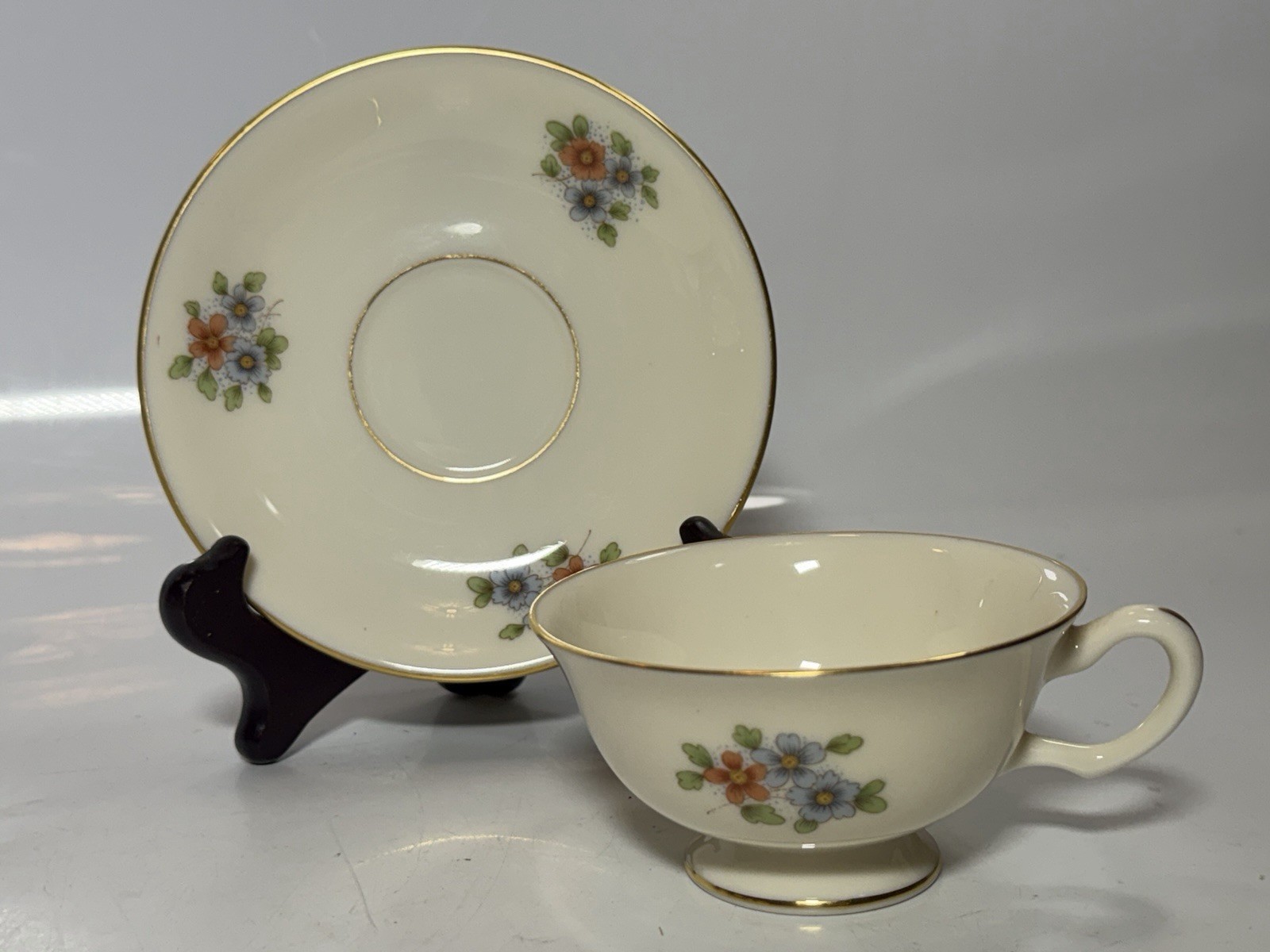 Lenox Teresa Footed Tea Cup and Saucer Set Vintage Ivory Fine China Gold Trim