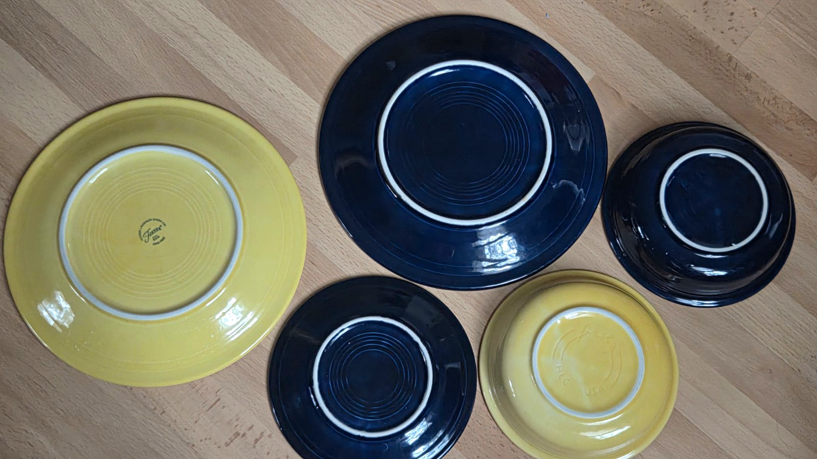 Fiesta Fiestaware 5 Ceramic Dinner Plates, Bowls & Saucer Yellow & Cobalt Blue