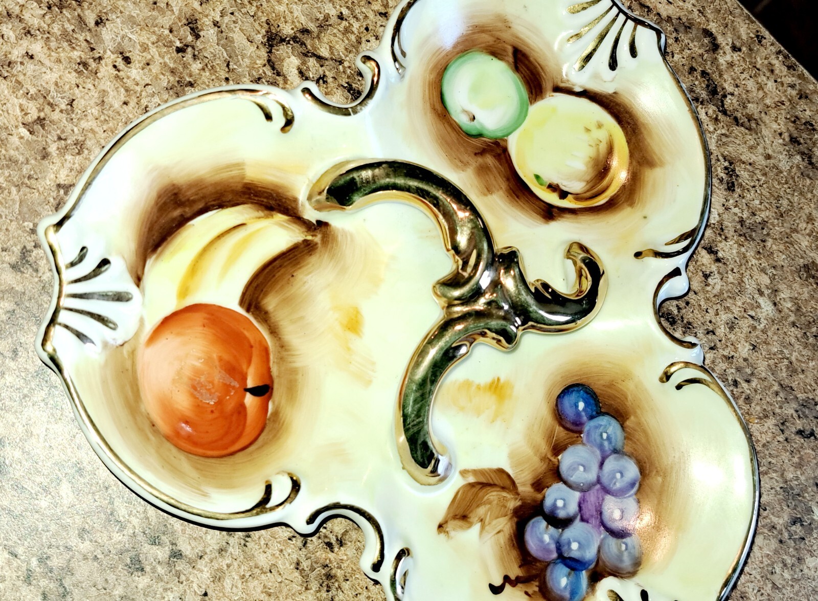 Enesco Divided Candy Nut Dish Server Gold Handle Painted Fruit Victorian Vintage